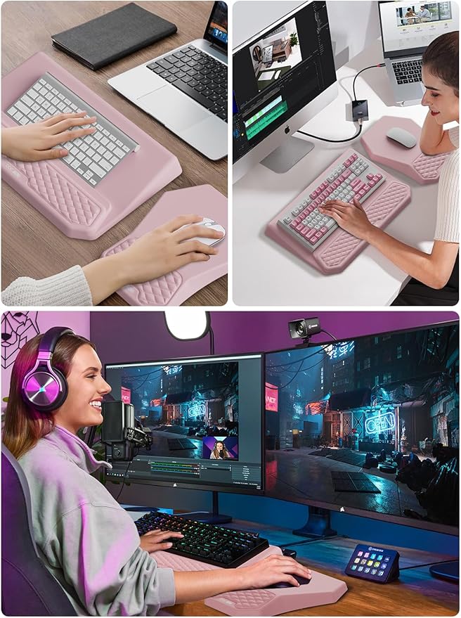 3-in-1 Ergonomic Keyboard Stand with Wrist Rest & Mouse Pad Set, Comfy Keyboard Riser Holder Soft Mousepad with Massage Design, Memory Foam and Non-Slip PU Base for Pain Relief, Pink
