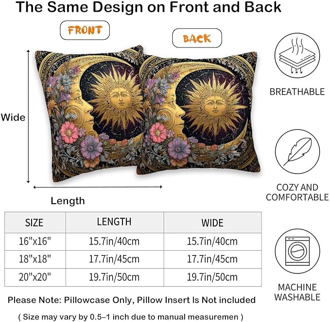 Sun and Moon Decorative Pillow Covers 18x18 Set of 2 | Cushion Cases with Invisible Zipper | Home Decor Throw Pillowcases for Couch, Sofa and Livingroom