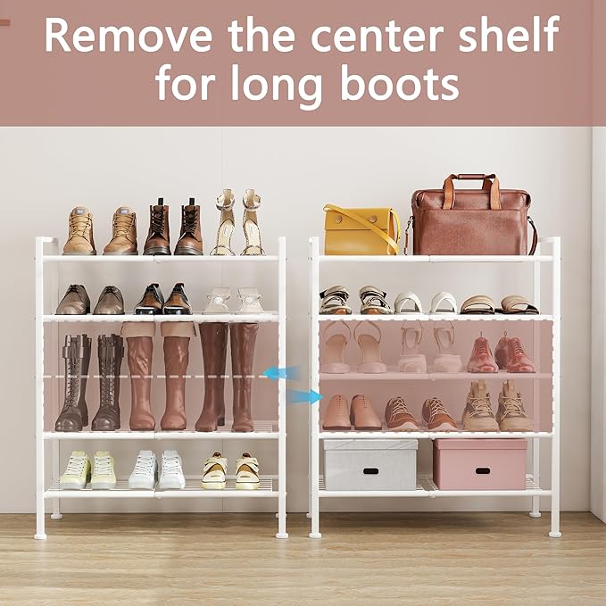 DongRong 5 Tier Shoe Rack,Metal Shoe Storage Organizer Shelf for Closet,Entryway, Garage,Narrow Space(White, 5 Tier)