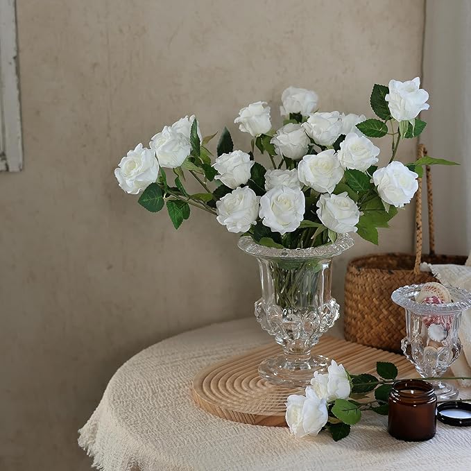 FOTEEWL 60 Pcs Artificial Rose Flower Realistic Faux Silk Roses Stem Fake Roses Bouquet for Flower Arrangement,Wedding Centerpieces,Party,Home Decorations (White)