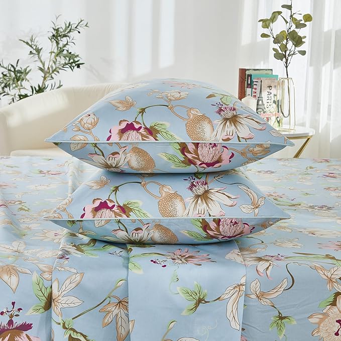 Brandream Floral Bedding Botanical Flower Farmhouse King Size Sheets Set Luxury Bedding Collections 800 Thread Count 100% Egyptian Cotton Deep Pocket, 4 Piece Blue