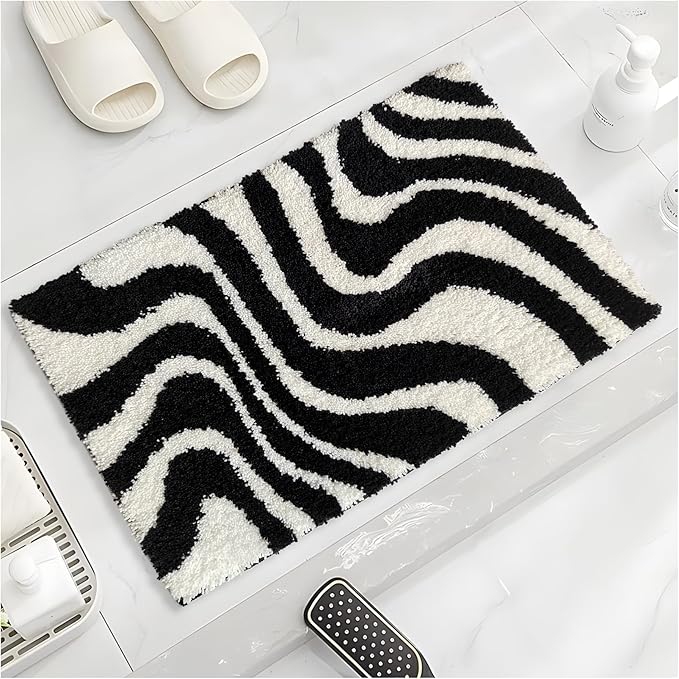 Civkor Black and White Bathroom Rug, Microfiber Bath Mat for Bathroom, Bath Mat with Non Slip TPR Backing, Machine Washable Quick Dry 20x31Inch Rug for Floor, Shower, Sink