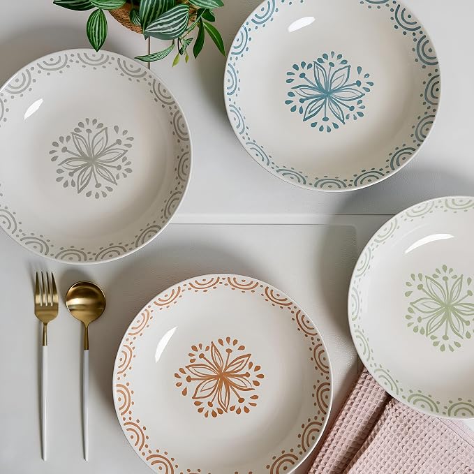 Sango 4-Piece Speckled Stoneware Pasta Bowl Set- Wide Shallow Dinner Bowls with Hand-Painted Rustic Design, Farmhouse Glossy Large Ceramic Bowls for Pasta, Salad & Everyday Meal, Siterra Glazed Garden