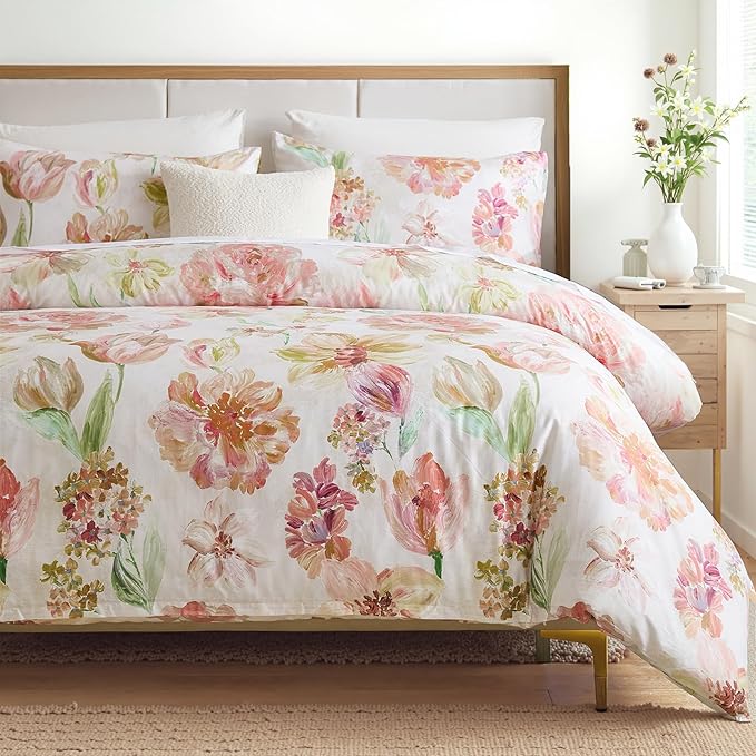 100% Cotton Duvet Cover Set King Size – Pink Watercolor Floral Bedding with Zipper Closure, 3-Piece Silky Soft Botanical Comforter Cover with 2 Pillowcases