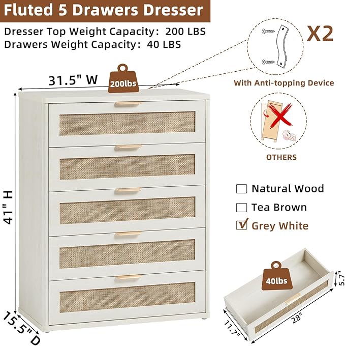 LEYAOYAO Rattan Dresser for Bedroom Set 2, 41" Tall Chest of Drawers, Modern 5 Drawers Boho Dressers with Storage, Light Oak Dresser Wooden Closet Organizer for Living Room, Hallway, Natural Wood