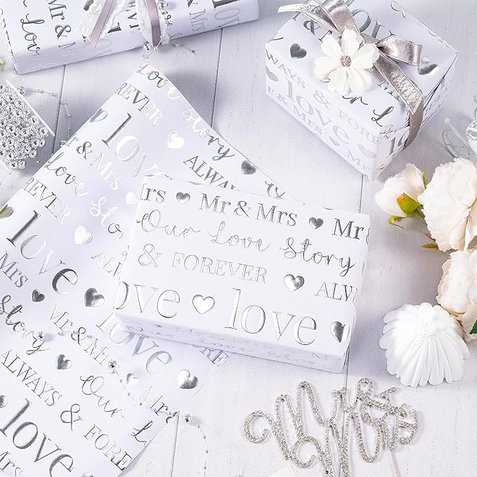 RUSPEPA Wedding Wrapping Paper, Mini Roll, Silvery Gold Foil LOVE Design, Perfect for Wedding, Bridal Shower, Anniversary, Engagement, 17 Inches x 16.5 Feet