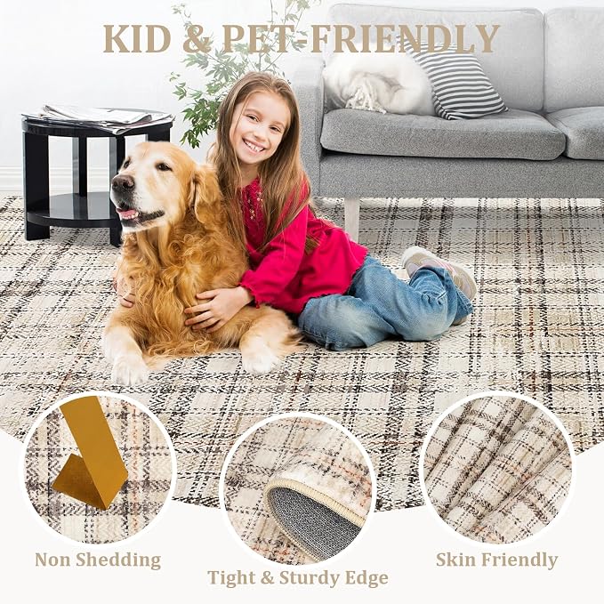Tartan Plaid Round Washable Rug, Soft Modern Round Rugs 5ft Circle Carpets for Bedroom Ultra-Thin, Boho Beige Print Circular Carpet for Living Room Dorm Bedside, Beige