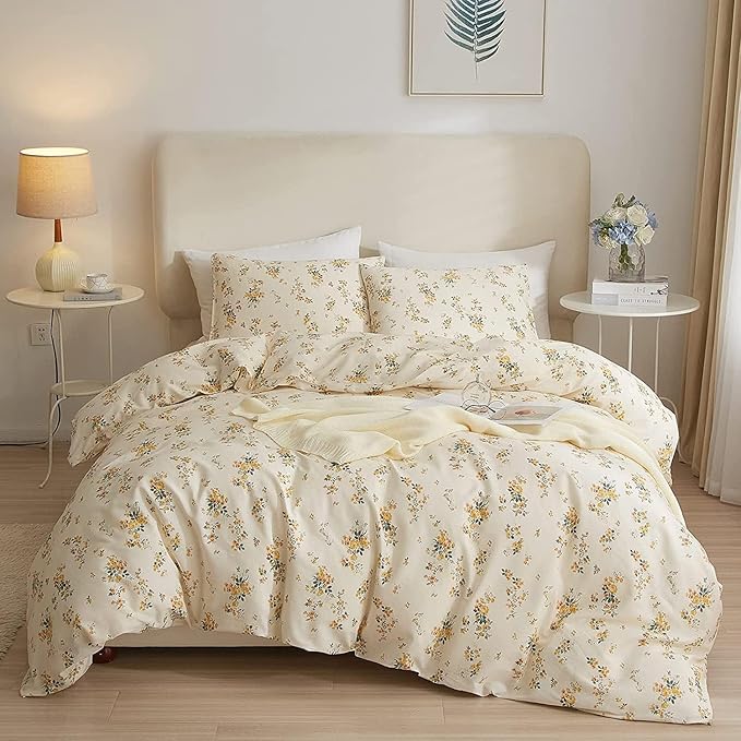 HighBuy 3 Pieces Duvet Covers Twin Size Cute Yellow Floral Duvet Cover Set,Ultra Soft Cotton Bedding Set Botanical Printed Soft Aesthetic Bed Cover with Zipper Closure 4 Ties All Season