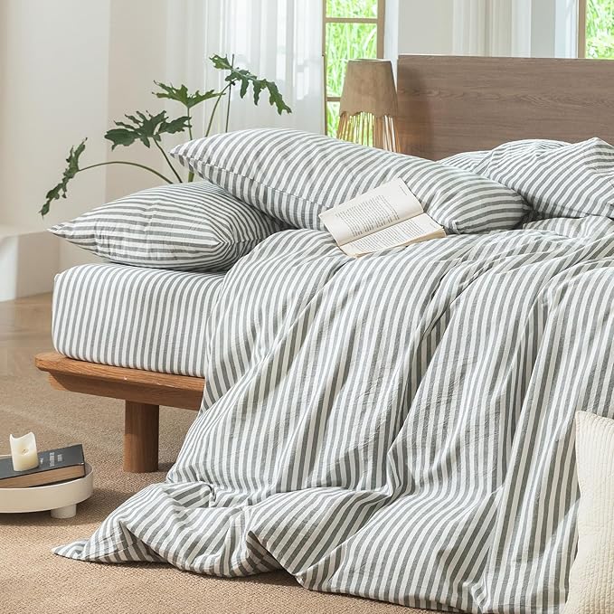 MooMee Striped Duvet Cover Set 100% Washed Cotton Linen Like Textured Breathable Durable Soft Comfy (Heathered Green Classic Stripes, Cal King 104"x98")