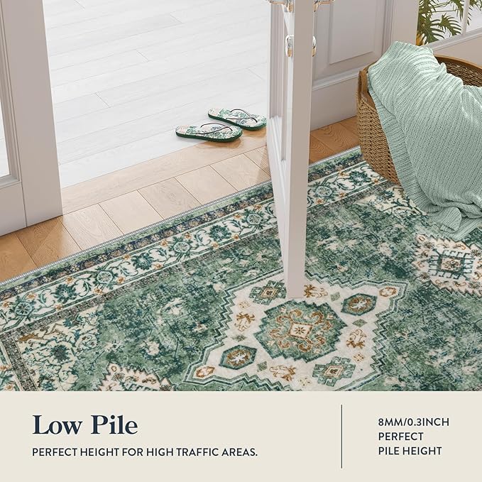 Lahome Oriental Small Rugs for Entryway, 2x3 Rug Non Slip Washable Door Mat Indoor Entrance Ultra-Thin Vintage Soft Carpet for Kitchen Bedroom Front Door Bathroom, Green/Multi
