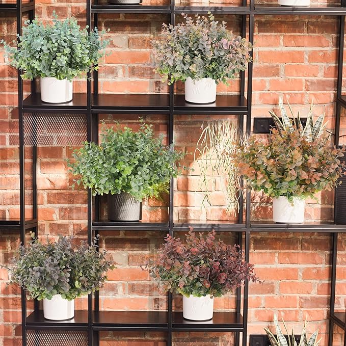 RECUTMS 12 Bundles Artificial Bushes Greenery Plants Stems Faux Shrubs Boxwood Plants Outdoor UV Resistant Fake Eucalyptus for Farmhouse Home Wedding Patio Backyard Indoor Outdoor Decor(Dusty Pink)
