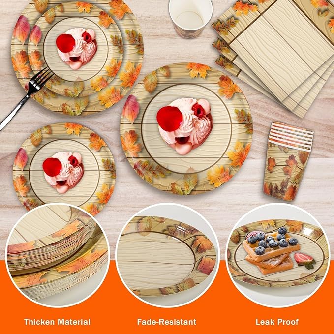 Fall Thanksgiving Birthday Party Plates and Napkins Decorations Kit, Wooden Grain Maple Leaf Tableware Supplies for Birthday Leaves Favors Party Decor Service 24 Guests