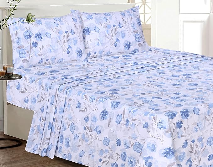 RUVANTI 100% Cotton King Size Sheets Set, 4 Pieces, Soft & Breathable Percale Weave Bedding, Deep Pocket 16", Hotel Standard, Crisp Cool Feel, Durable, Perfect Floral Bed Sheet, Monotones