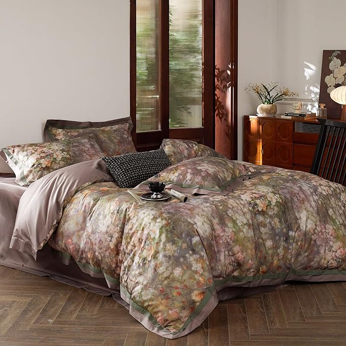 VM VOUGEMARKET Painting Flower Duvet Cover King Smooth Long Staple Cotton Bedding Duvet Cover with Pink Floral Pattern Garden Cottage Botanical Comforter Cover for Spring Summer