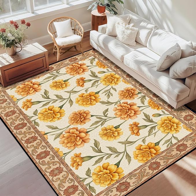 Marigold Floral Area Rug Vintage Boho Rug Bordered Non-Slip Washable Floor Mat for Bedroom Living Room Nursery Kitchen Playroom Home Decor,5'x7'