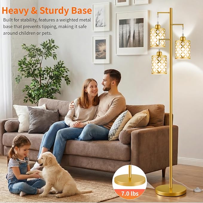 Dimmable Floor Lamp, Farmhouse Standing Lamp with Elegant Metal Cage, Industrial Tall Tree Floor Lamps for Living Room, Bedroom, Study Room, Office, 3 x 1100LM LED Bulbs Included, 72", Gold
