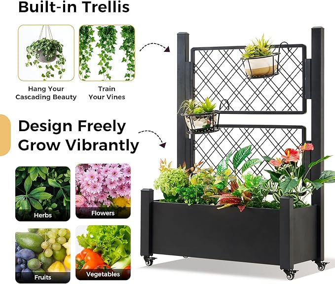 Metal Planter Box with Trellis and Wheels, 50" Hx38 Wx14 D Large Outdoor Garden Planter for Climbing Plants, Vegetables & Vines, Includes Drainage Holes and Privacy Screen, Black