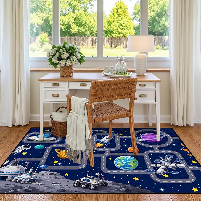 Outer Space Rug Astronaut Road Map Area Rug for Entryway Bedroom Living Room Nursery Kitchen Playroom Home Decor Washable Educational Floor Mat Galaxy Themed Carpet,3'x5'