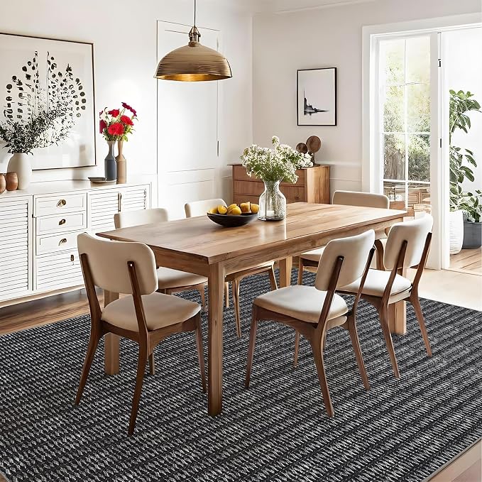 Washable 10x13 Modern Braided Print Area Rug for Living Room Low Pile Soft Bedroom Rugs Non Slip Modern Large Carpet Thin Foldable Boho Vintage Indoor Carpet for Playroom Open Living Room,Black