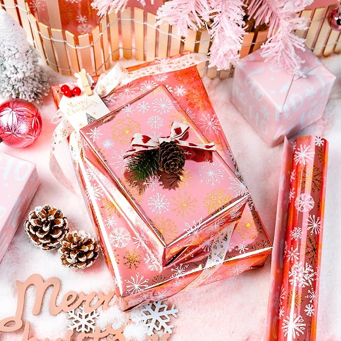 MAYPLUSS Pink Christmas Wrapping Paper Roll - 17IN X 33FT - Christmas Gift Wrapping Paper Featuring Gold and White Snowflake Reversible HO for Kids, Holiday, New Year