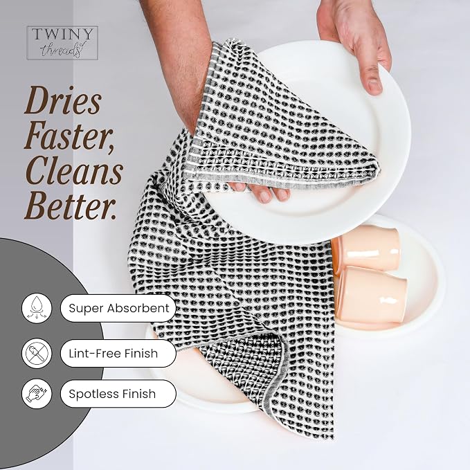 TWINY threads 4 Pack Circle Waffle Dish Towels 16x26 Inches, 100% Cotton, Premium Quality Cotton Towel, Quick Drying, Commercial Grade Wash Rags, Ideal for Bar Mops, Modern Kitchens, Black