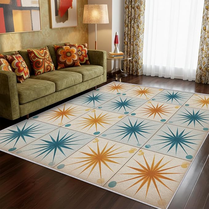 Starburst Rug Square 8x8 Mid Century Atomic Checkboard Distressed Pattern Area Rugs for Living Room, Bedroom, Starburst Home Decor Accessories Indoor Carpet, Non Slip & Machine Washable