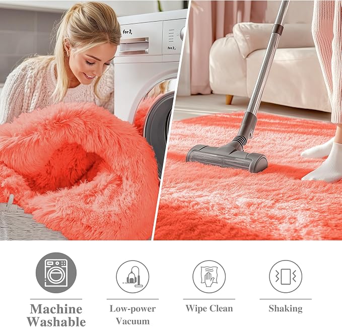 OLANLY Coral Red Round Rugs for Bedroom - Machine Washable, 8 ft Circle Area Rugs for Living Room, Soft and Fluffy Shaggy Carpet for Teen Girl and Boys, Nursery Rooms, Dorms, Home Decor Aesthetic