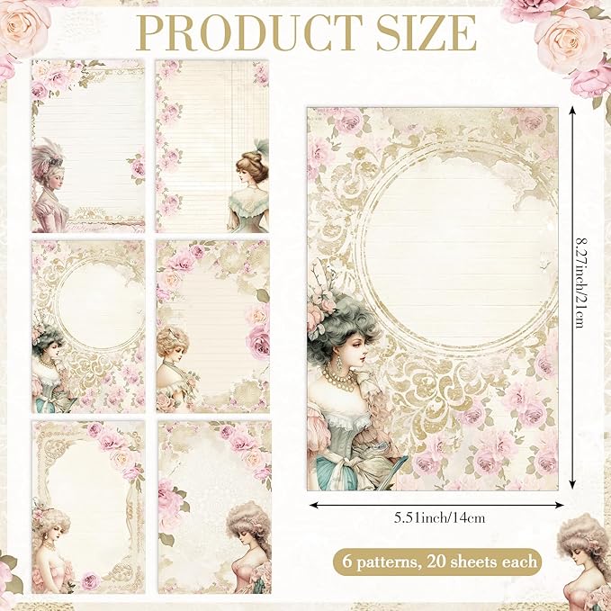 Supervitae 120 Pack Victorian Floral Stationery Paper, 8.27 x 5.51 Inch Double Sided Printing with Rose Border, Vintage Classical Stationery Letter Sheets for Writing Printing Crafts, 6 Designs