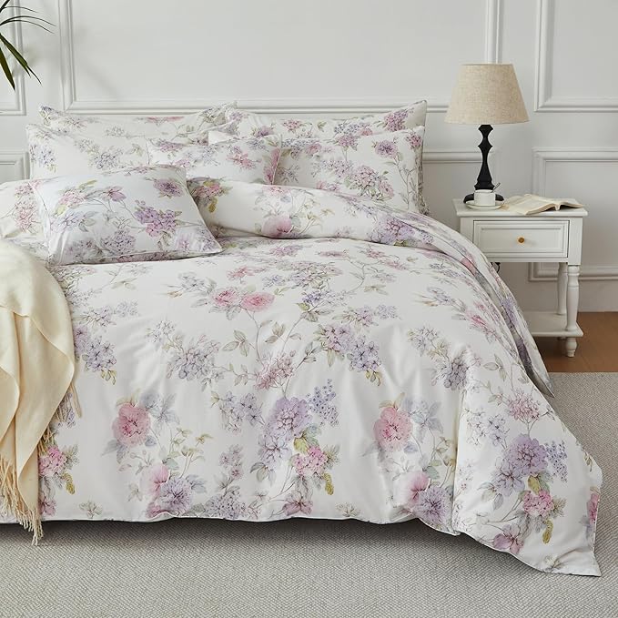 FADFAY Floral Bedding Set with Peony Print, Soft Breathable Duvet Cover & Pillowcases, 100% Cotton, Elegant Botanical Pattern, Durable & Skin-Friendly, Queen Size