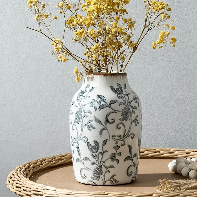 SIDUCAL Ceramic Vintage Vase, 7 Inch Retro Ice Cracked Chinoiserie Floral Vase, Rustic Farmhouse Vases for Home Decor, Bookshelf, Office, Garden, Chinoiserie Decor, Tuscan Decor, Gray Floral Pattern