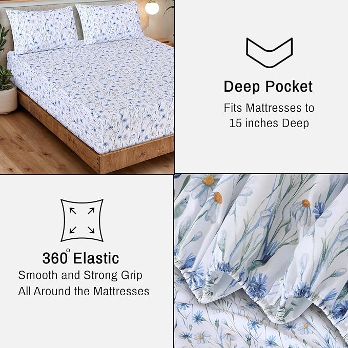 RUVANTI 100% Organic Cotton Sheets Twin Size, Percale Weave, GOTS Certified, 3-Piece Set, Deep Pocket 15", Crisp & Breathable, Soft Durable Bedding, Sábanas Algodón Orgánico – Daisy Bud
