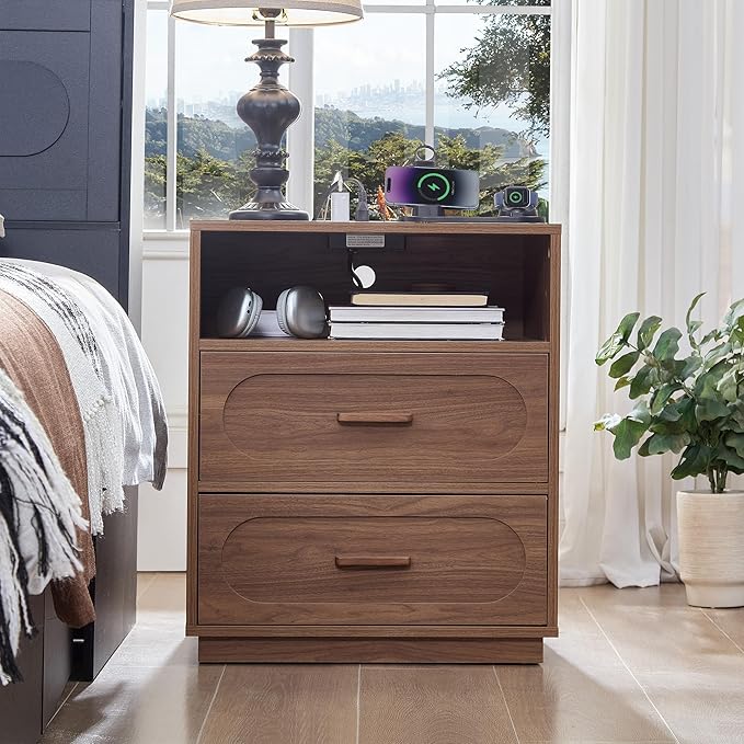 Walnut Nightstand with Charging Station, Modern End Table with 2 Drawers Storage, Space-Saving Wood Storage Cabinet with Unique Base Design, Bedside Table for Bedroom, Living Room