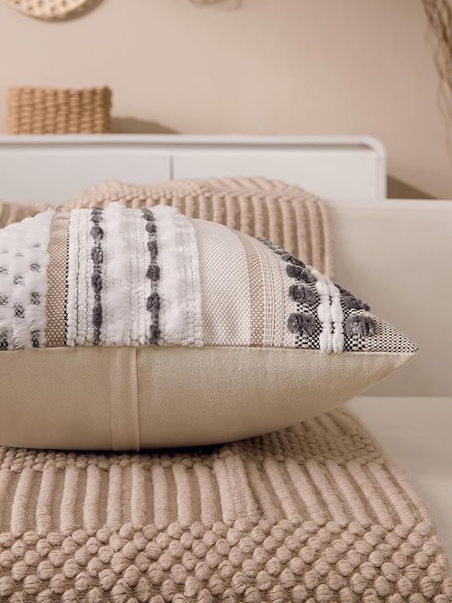 KOOLIFE Boho Chenille Tufted Couch Throw Pillow Covers 18x18 Inch Set of 2 Farmhouse Striped Decorative Pillow Covers Accent Neutral Square Pillowcase Grey Cushion Covers for Livingroom Sofa Bed