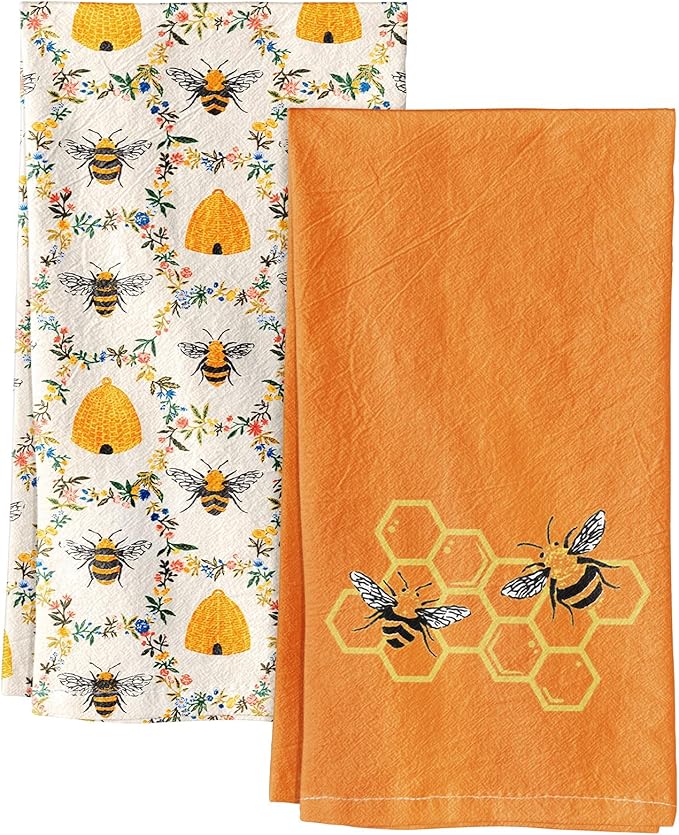 Miss Adola 2 Pack Flour Sack Kitchen Towels - 16x26 Inch Cotton Dish Towels with Hanging Loop Reusable Geometric Boho Modern Retro Tea Towel Absorbent Dishcloths Home Decor, Orange Bee