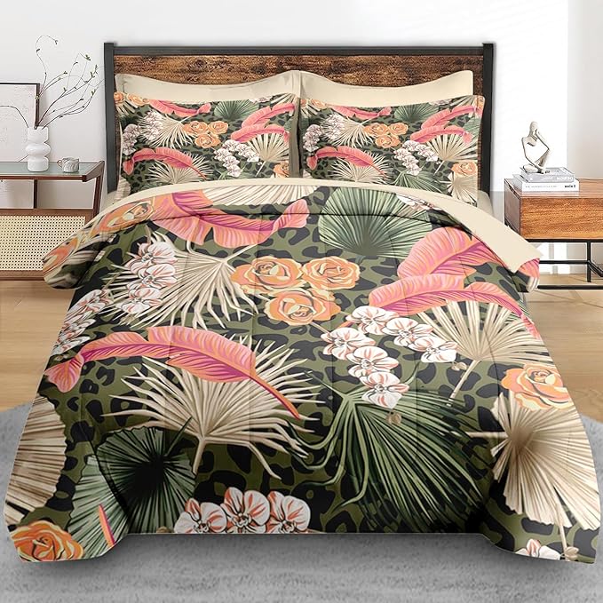 Comforter Set Twin Size, Summer Tropical Flowers 5 Pcs Bedding for Kids and Adults, Hawaiian Palm Leaf Leaves Bed Sheet Sets with Fitted Sheet Pillowcase & Sham for Bedroom Bed Decor