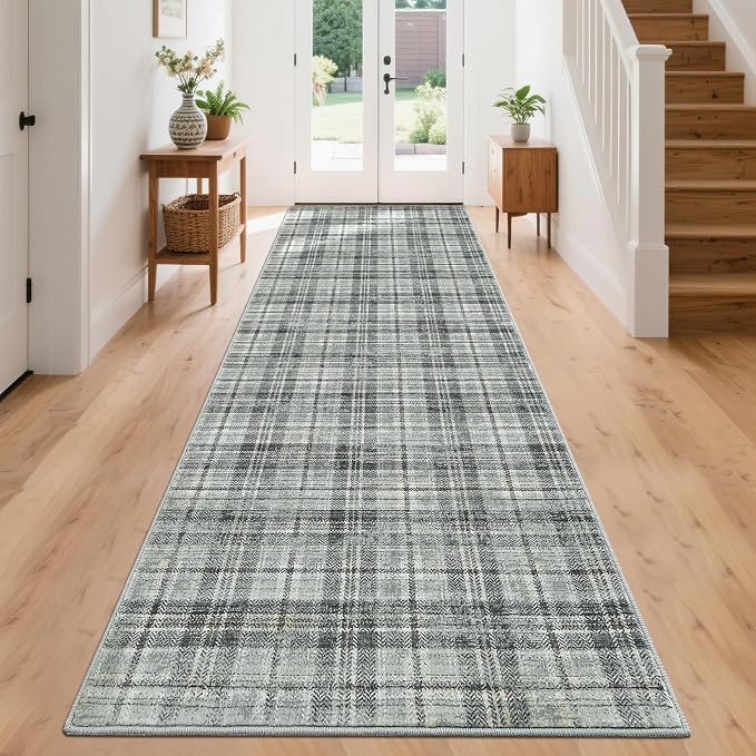 Tartan Plaid Washable Runner Rug 2.5x12 Runner Modern Kitchen Runner Non Slip Entryway Rug Soft Bathroom Rugs Stain Resistant Carpet for Laundry Bedroom Greyish Green