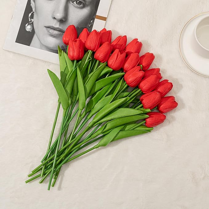 KAOYOO 18PCS Artificial Tulip Flowers Bouquet - Faux Latex Tulips for Home Decor,Office Desk,Kitchen Table,Wedding Centerpiece,Party,Spring Decoration(Red,18 Pack)