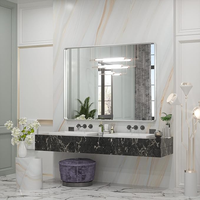 TETOTE 48 x 36 Inch Silver Mirrors for Bathroom, Brushed Silver Framed Rectangular Modern Farmhouse Large Vanity Mirror for Wall Decor (Horizontal/Vertical)