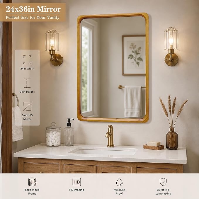 Tanmicoshomy Natural Wood Bathroom Mirror 24 x 36 Inch, Solid Wood Framed Rectangle Mirrors with Tempered Glass for Living Room Bedroom Office or Entryway