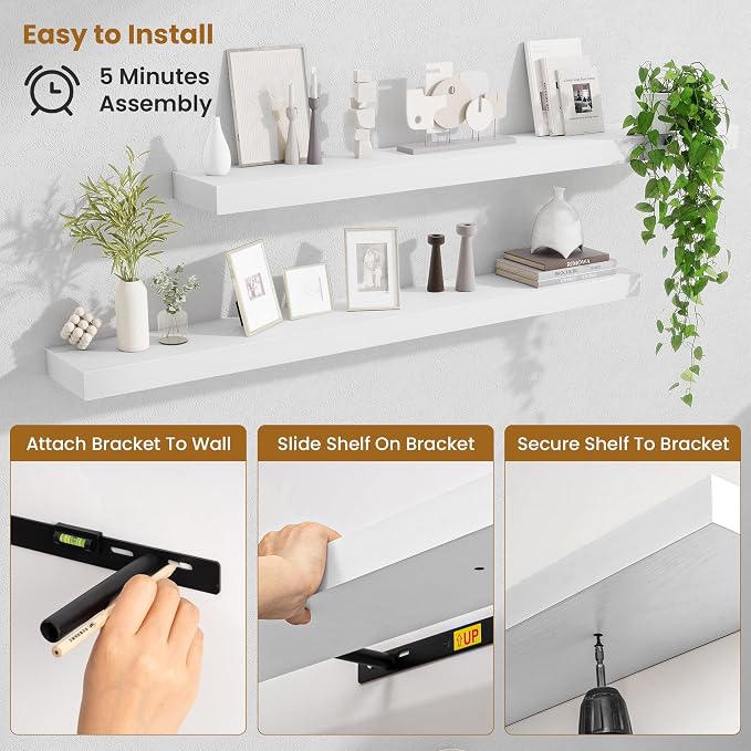 Fun Memories Floating Shelves 48 Inch, Extra Large Wood Shelf Set of 2, Hanging Wall Shelves for Bathroom, Living Room, Kitchen, Bedroom, White