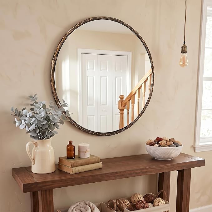 ANDY STAR Hand-Forged Round Bathroom Mirror, 28 Inch Antique Oil Rubbed Bronze Hammered Circular Mirror, for Wall Decor, Entryway, Bedroom, Fireplace, Solid Steel Frame