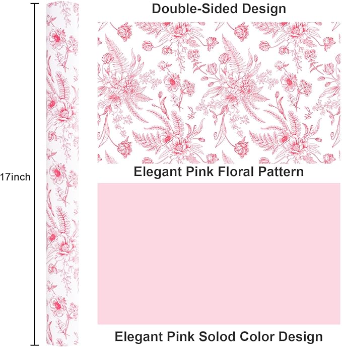 Yarcony Pink Floral Gift Wrapping Paper Roll, Bridal Shower Wrapping Paper, Vintage Toile Pink Floral Gift Wrap for Girl Birthday,Wedding, Mother's Day,Valentine's Day,Baby Shower (17 In X 16.5 Ft)