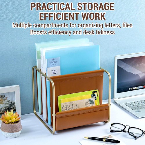 MyGift Modern Brass Tone Desktop Folder Holder - Stylish Leatherette Organizer for Letters & Files