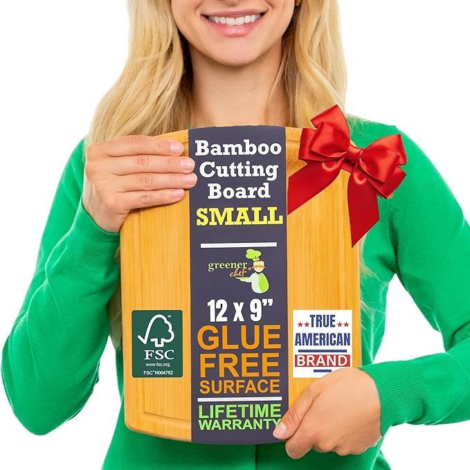 Small Bamboo Cutting Board – 12 Inch Wood Cutting Boards for Kitchen with Glue-Free Surface™ & Juice Groove – Non-Toxic, FSC-Certified, Durable Wooden Chopping Board