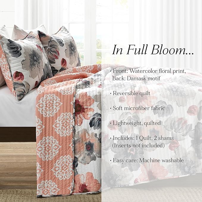 Lush Decor Leah Reversible Floral Quilt Set, 3 Piece Set, Full/Queen, Coral & Gray - Watercolor Botanical - Cottage Core - French Country Decor- Bedding Queen Size