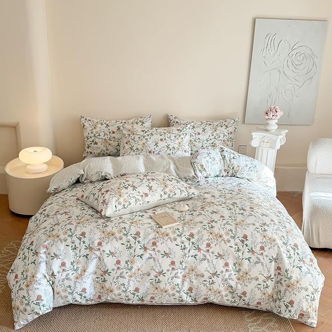EAVD Girls Floral Duvet Cover Twin Soft 100% Cotton Garden Chic Floral Leaves Pattern Bedding Set with 2 Pillowcases Fresh Botanical Comforter Cover with Zipper Closure