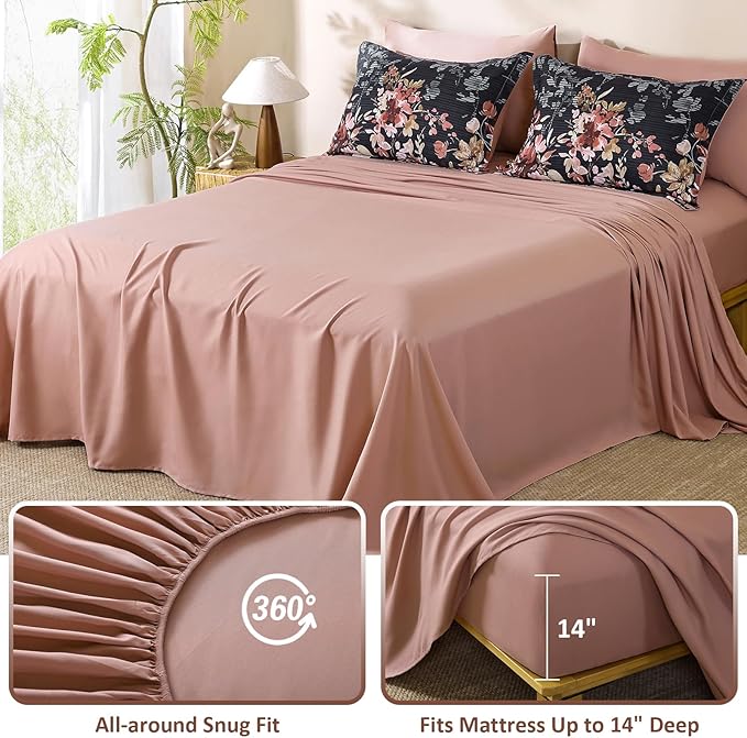 Dobuyly King Size Comforter Set, 7 Pieces Black and Pink Floral Comforter Set, Bed in a Bag King with Botanical Flowers Pattern, All Season Farmhouse Bedding Set with Sheets, Pillowcases & Shams