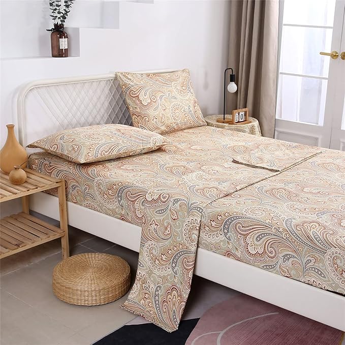 RYNGHIPY Luxury Floral Print Sheets Sets Silky Long Staple Egyptian Cotton Flowers Khaki Bedding Sheet Collections (Khaki,Full Size)