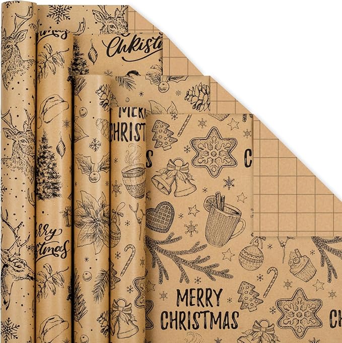 MAYPLUSS Kraft Christmas Wrapping Paper Jumbo Roll - 30 In X 120 In Per Roll - Vintage Brown Kraft Christmas Ornaments, Gingerbread Cookies, Pinecone & Deer Print Winter Gift Wrap for Rustic Holiday
