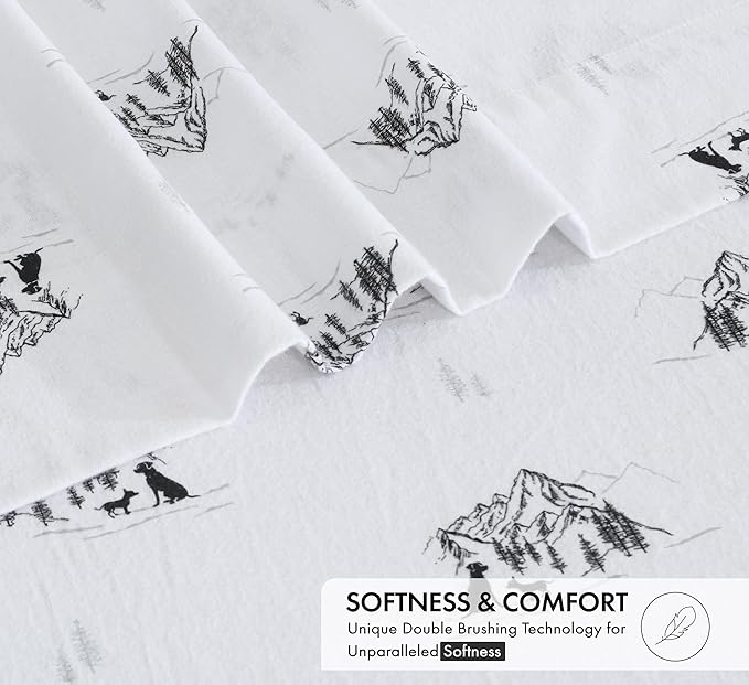 RUVANTI Flannel Sheets Queen Size - 100% Cotton Double Brushed Bed Sheets, Deep Pockets 16 Inches Queen Sheet Set, All Seasons Breathable & Extra Soft - Warm & Cozy, 4 Piece, Soul Dog White
